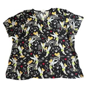 Disney Tinker Bell Scrub Top Womens Size 2XL‎ Black Short Sleeve Work Shirt